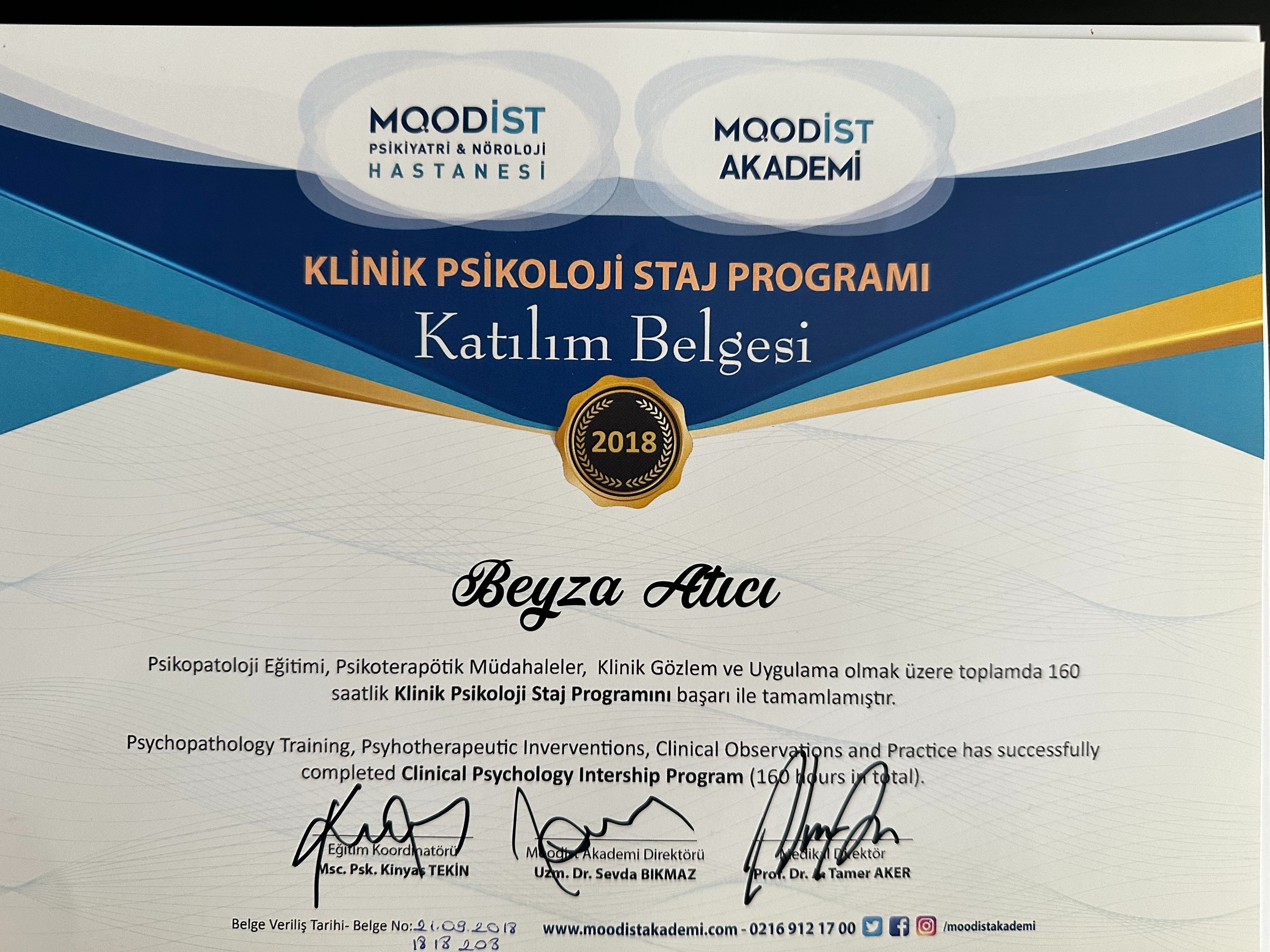 Beyza Türkmen — Moodist Akademi Klinik Psikoloji Staj Programı katılım belgesi